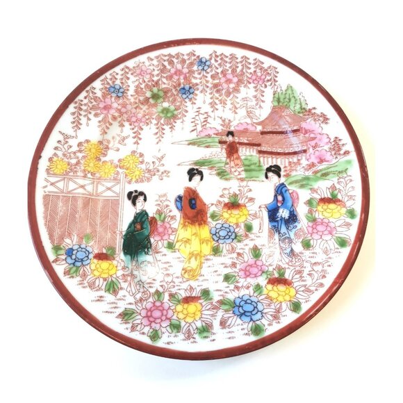 Geisha Cherry Blossom Asian Scene Ceramic Plate Red Mark Made in Japan - Picture 1 of 11